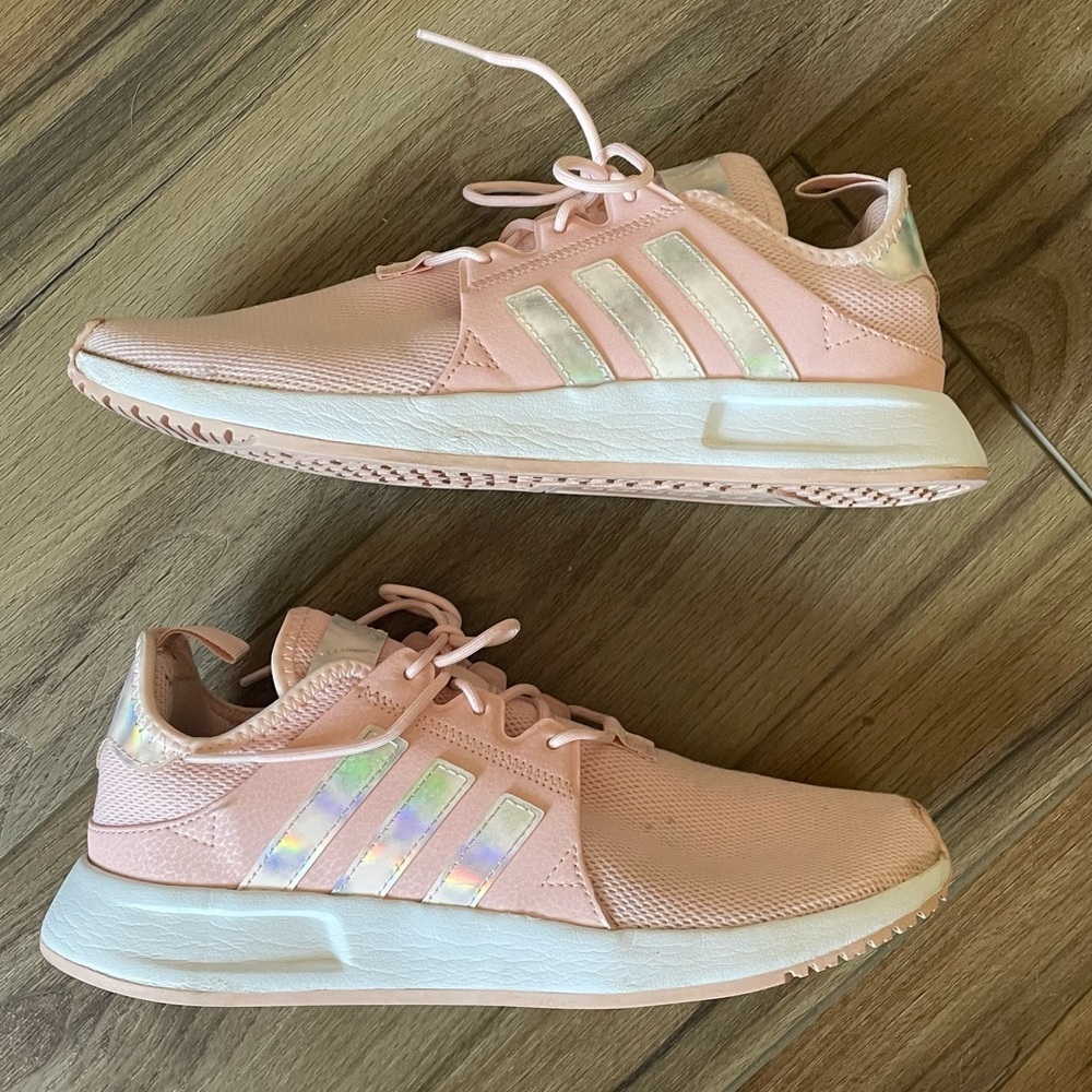 Adidas light pink with iridescent stripes athletic shoes sneakers size 6.5